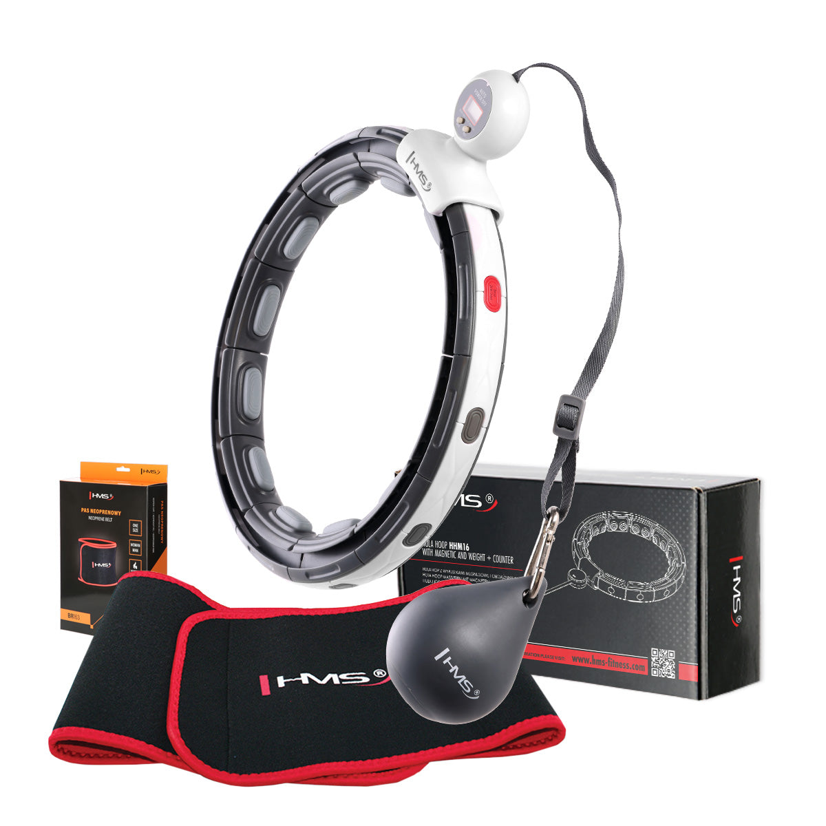 HULA HOP MAGNETIC BLACK SET HHM15 WITH HMS COUNTER + SLIMMING BELT BR163 RED