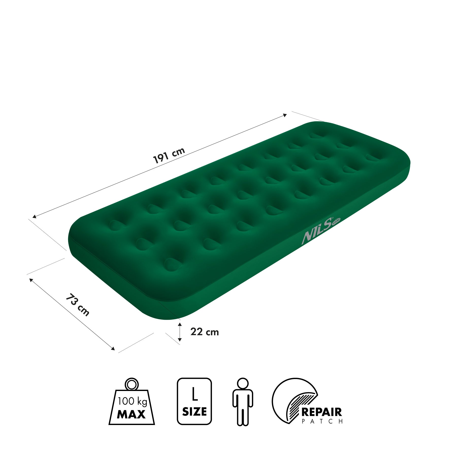 NC2801 MATERAC TURYSTYCZNY DMUCHANY 191X73X22 CM ZIELONY NILS CAMP