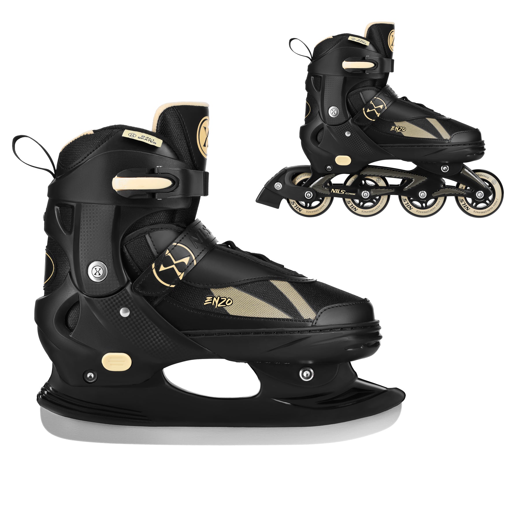 NH382 2IN1 ENZO BEIGE SKATING SKATES SIZE XS(28-31) WITH ADJUSTABLE NILS EXTREME HOCKEY BLADE
