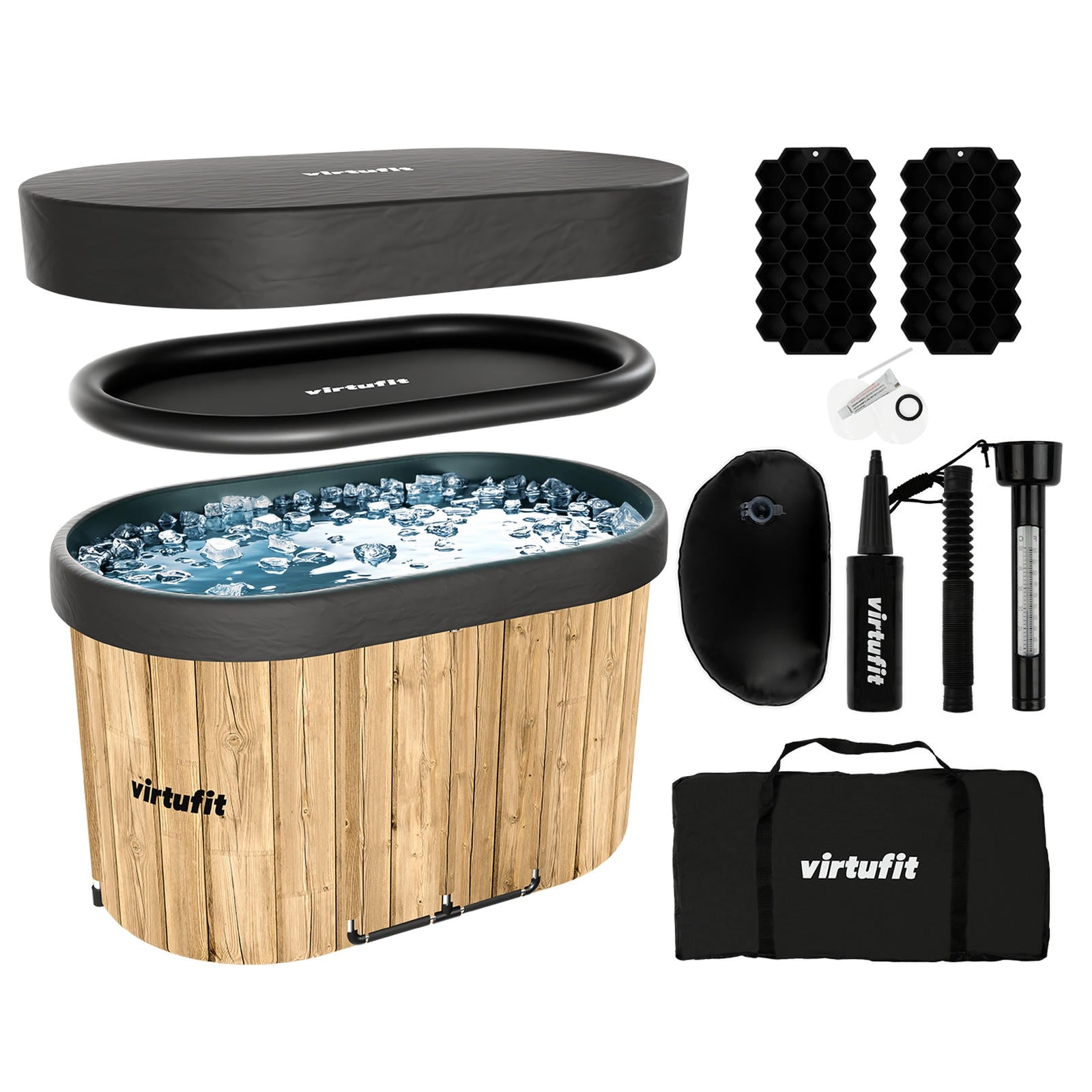 VIRTUFIT WANNA LODOWA OWALNA 500 LITRÓW IMITACJA DREWNA Z AKCESORIAMI