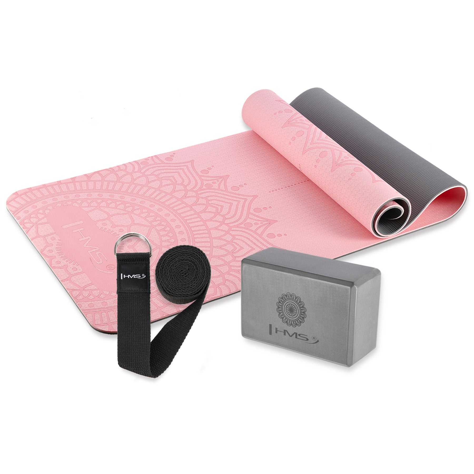 YOGA SET HMS TPE MAT LIGHT PINK YM10 + CUBE GRAY KJ02 + STRAP SJ01