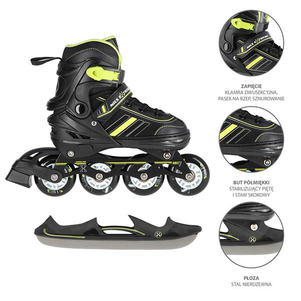 NH18191 2in1 BLACK-LIME SIZE M(34-38) NILS EXTREME ROLLER SKATES WITH HOCKEY BOARD