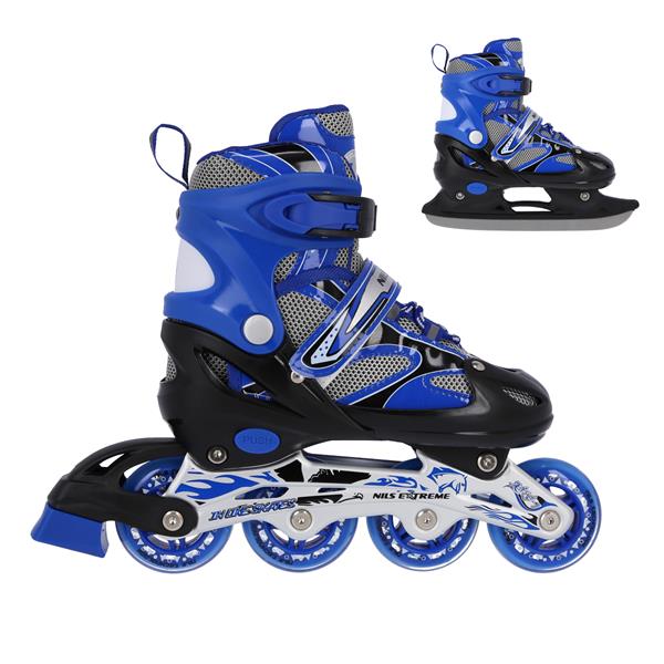 NH18366 A 2v1 MODRÉ NŮŽE NA INLINE BRUSLÍ, VELIKOST S (31-34), PLNÁ. HOKEJ NILS EXTREME