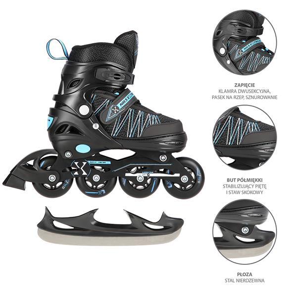 NH11912 A 2in1 BLACK/BLUE SIZE S(31-34) NILS EXTREME ROLLER SKATES WITH HOCKEY BOARD