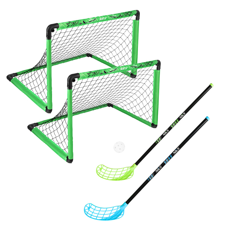 BRH2522 FLOORBALL SET 2 HOCKEY GOALS + 2 STICKS + NILS BALL