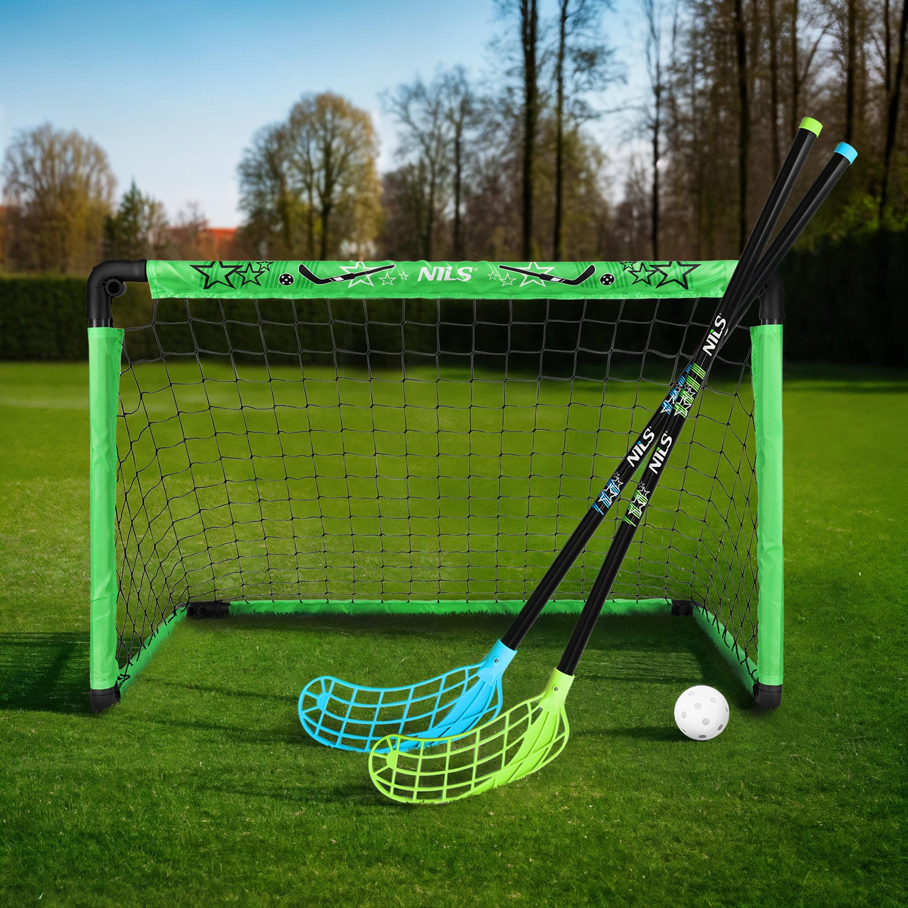 BRH2522 FLOORBALL SET 2 HOCKEY GOALS + 2 STICKS + NILS BALL