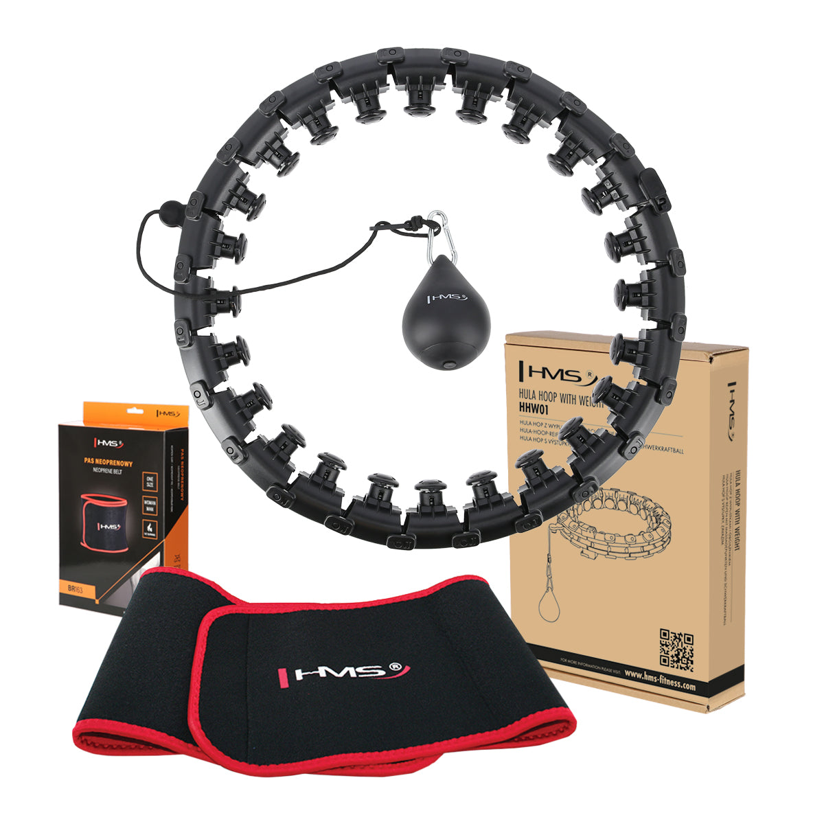 HULA HOP SADA HHW01 ČERNÁ S VÝSTUPKY A ZÁVAŽÍ HMS + ČERVENÝ PÁSEK BR163