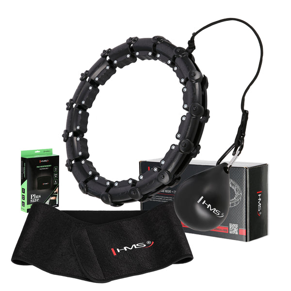 HULA HOP SET HHW02 BLACK WITH PROJECTIONS AND HMS WEIGHT + BR163 BLACK PLUS SIZE BELT