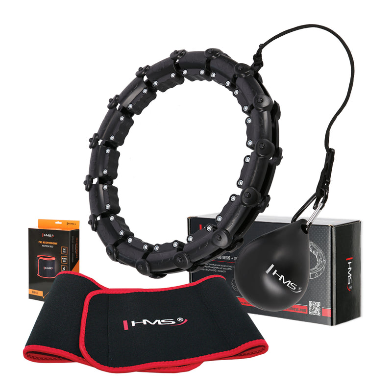 HULA HOP SET HHW02 BLACK WITH PROJECTIONS AND HMS WEIGHT + BR163 RED BELT