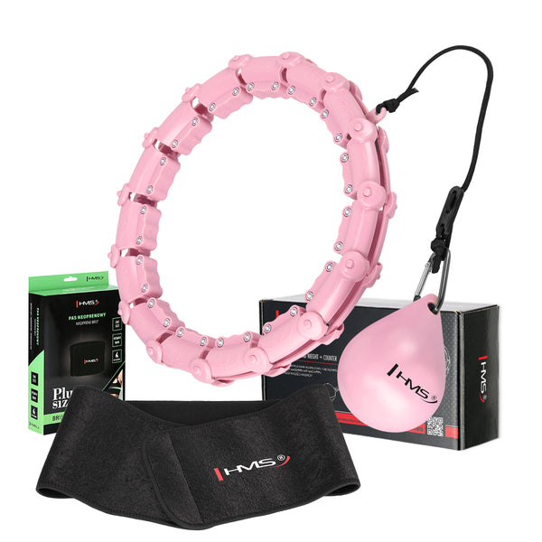 HULA HOP SET HHW02 LIGHT PINK WITH PROJECTIONS AND HMS WEIGHT + BELT BR163 BLACK PLUS SIZE