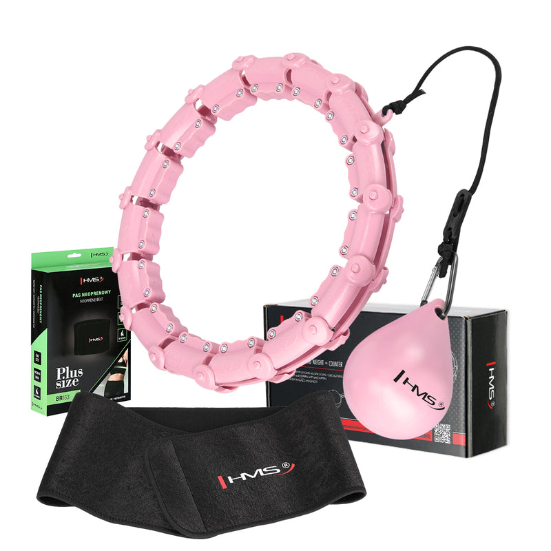 ZESTAW HULA HOP HHW11 LIGHT PINK Z WYPUSTKAMI I OBCIĄŻNIKIEM + PAS BR163 BLACK PLUS SIZE HMS