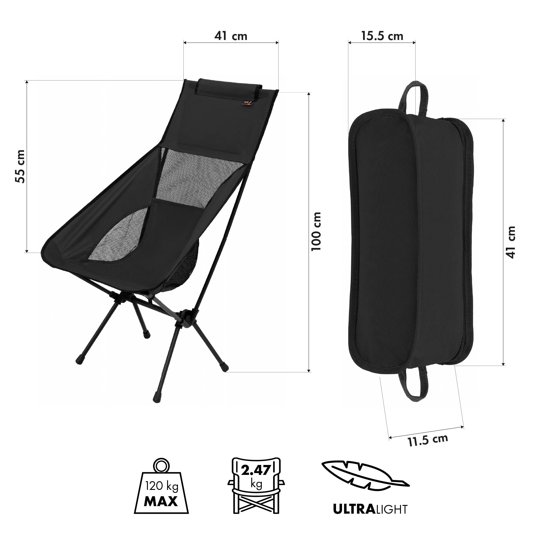 NC3321 SKLÁDACÍ ŽIDLE ULTRALIGHT ČERNÁ NILS CAMP