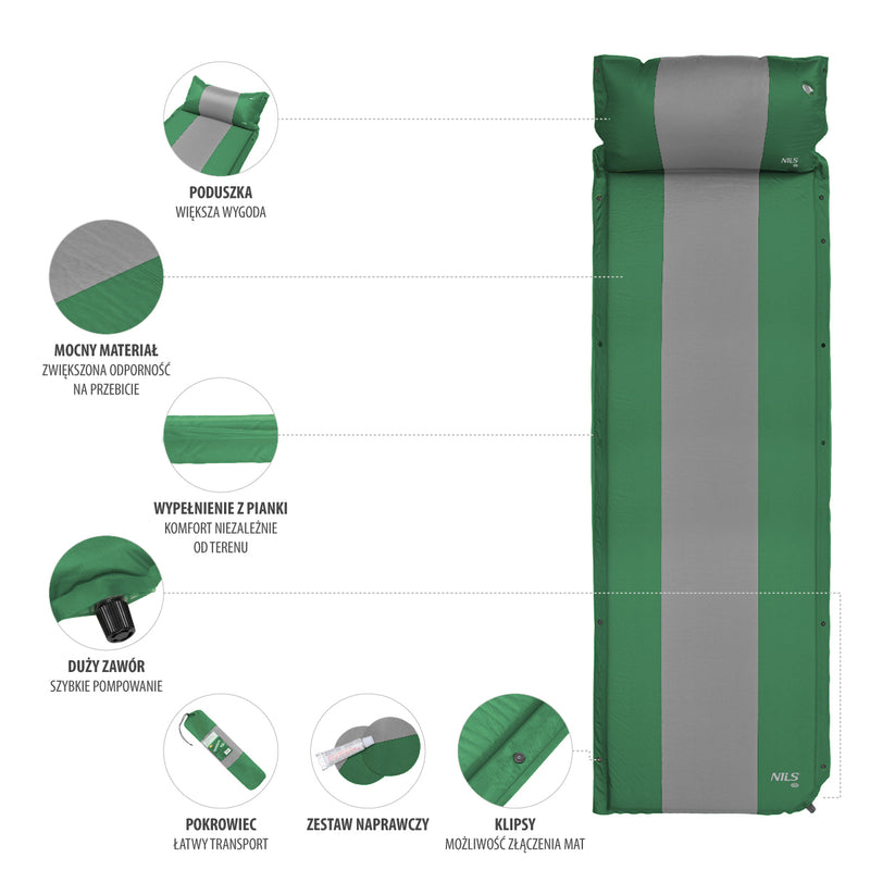 NC4349 DARK GREEN SELF-INFLATION MAT WITH PILLOW NILS CAMP