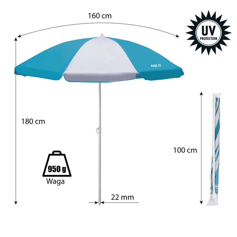 NC7813 TURKUSOWY PARASOL PLAŻOWY  180 CM NILS