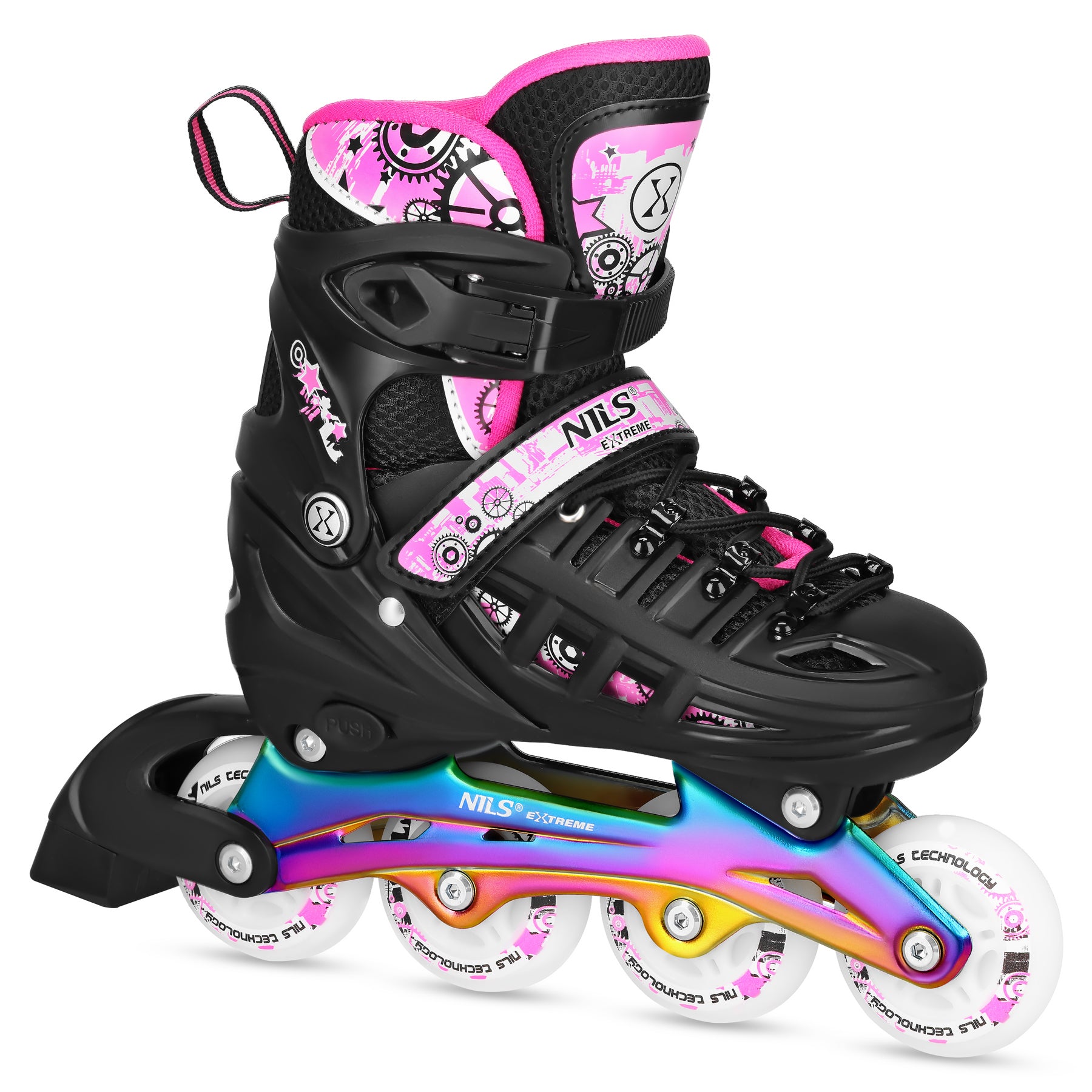 NH10905 4w1 ŁYŻWOROLKI LED RÓŻOWE Z WYM. PŁOZĄ HOKEJOWĄ RAINBOW ROZM. S(31-34) NILS EXTREME