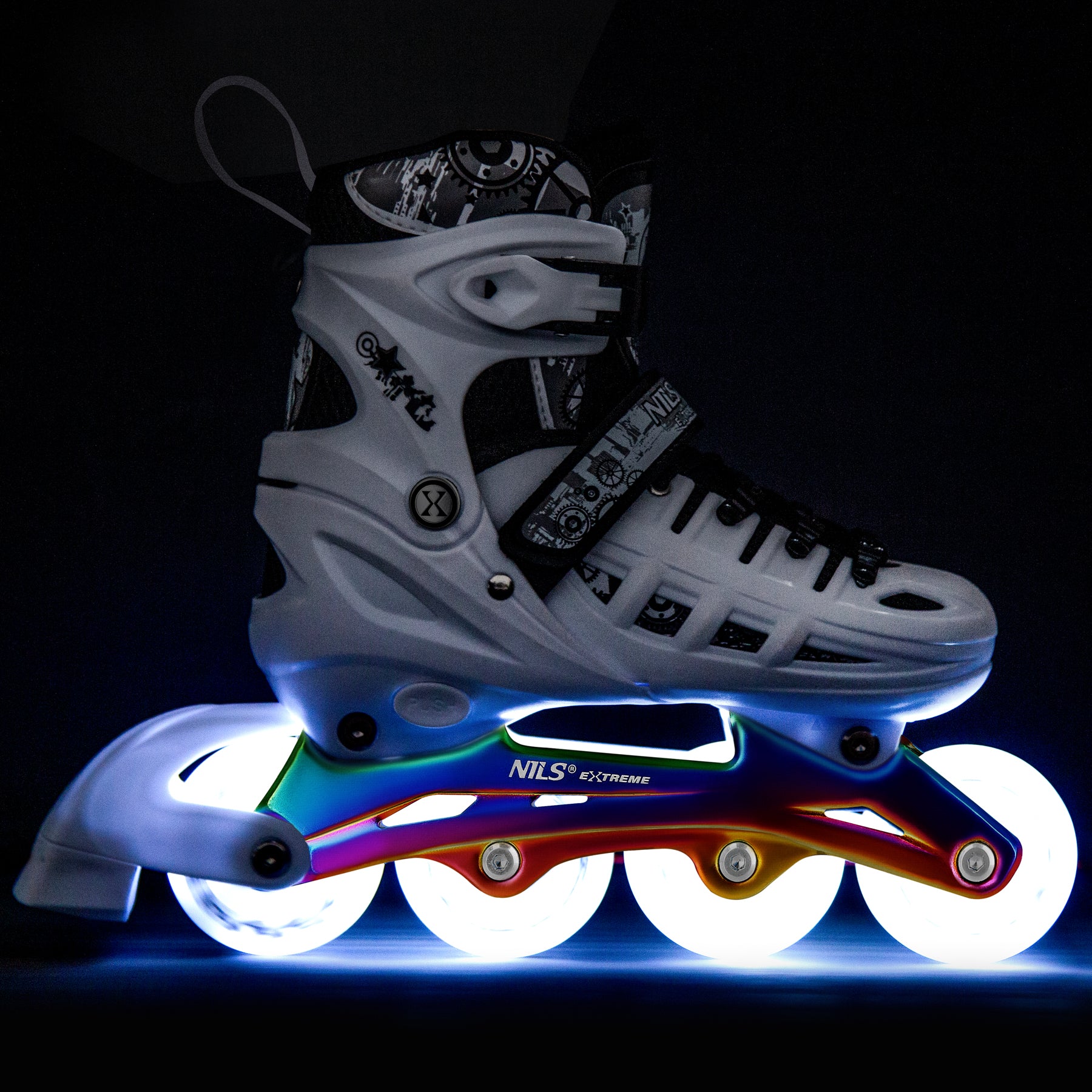 NH10905 4w1 ŁYŻWOROLKI LED BIAŁE Z WYM. PŁOZĄ HOKEJOWĄ RAINBOW ROZM. L(39-42) NILS EXTREME