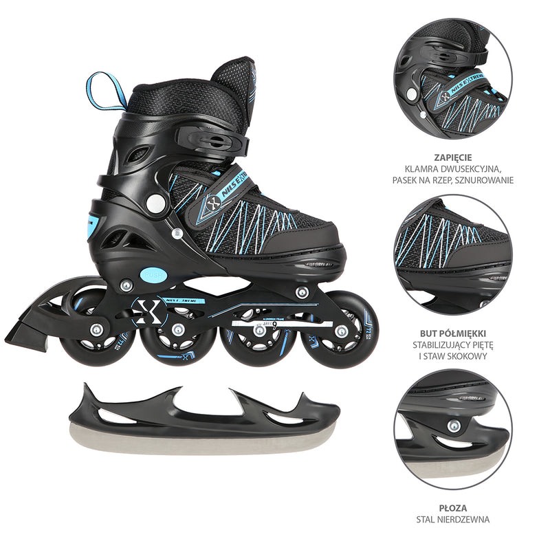 NH11912 A 2in1 BLACK-BLUE SIZE L(39-42) NILS EXTREME ROLLER SKATES WITH HOCKEY BOARD