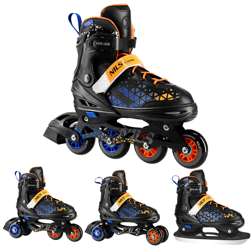 NH18190A 4in1 BRAVE BLUE-ORANGE SKATING SKATES SIZE S (29-33) WITH NILS EXTREME HOCKEY BOARD