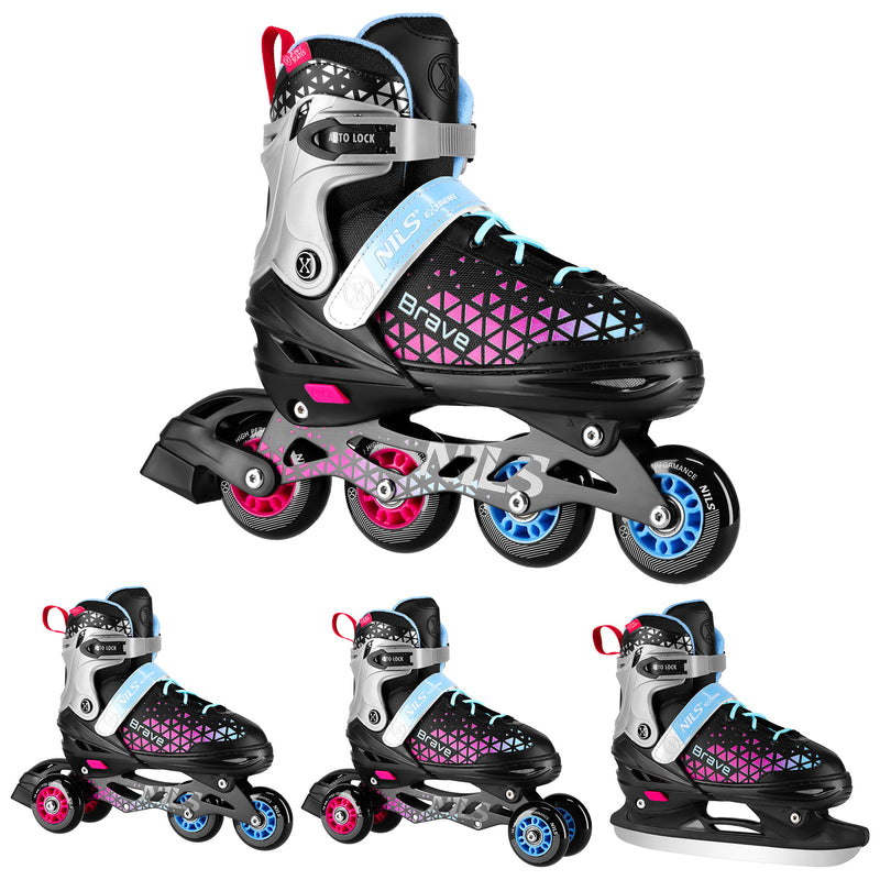 NH18190A 4in1 BRAVE PINK SKATING SKATES SIZE M (34-38) WITH NILS EXTREME HOCKEY BOARD