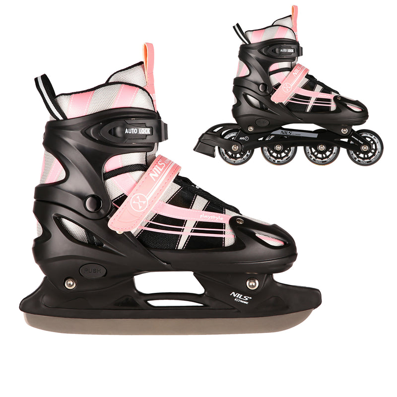 NH18366A 2in1 PINK-WHITE SIZE L(39-42) NILS EXTREME ROLLER SKATES WITH HOCKEY BOARD