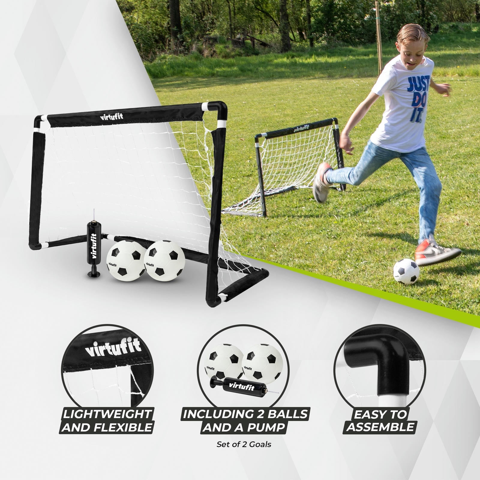 VIRTUFIT ZESTAW BRAMEK DO PIŁKI NOŻNEJ DLA DZIECI Z 2 PIŁKAMI I POMPKĄ