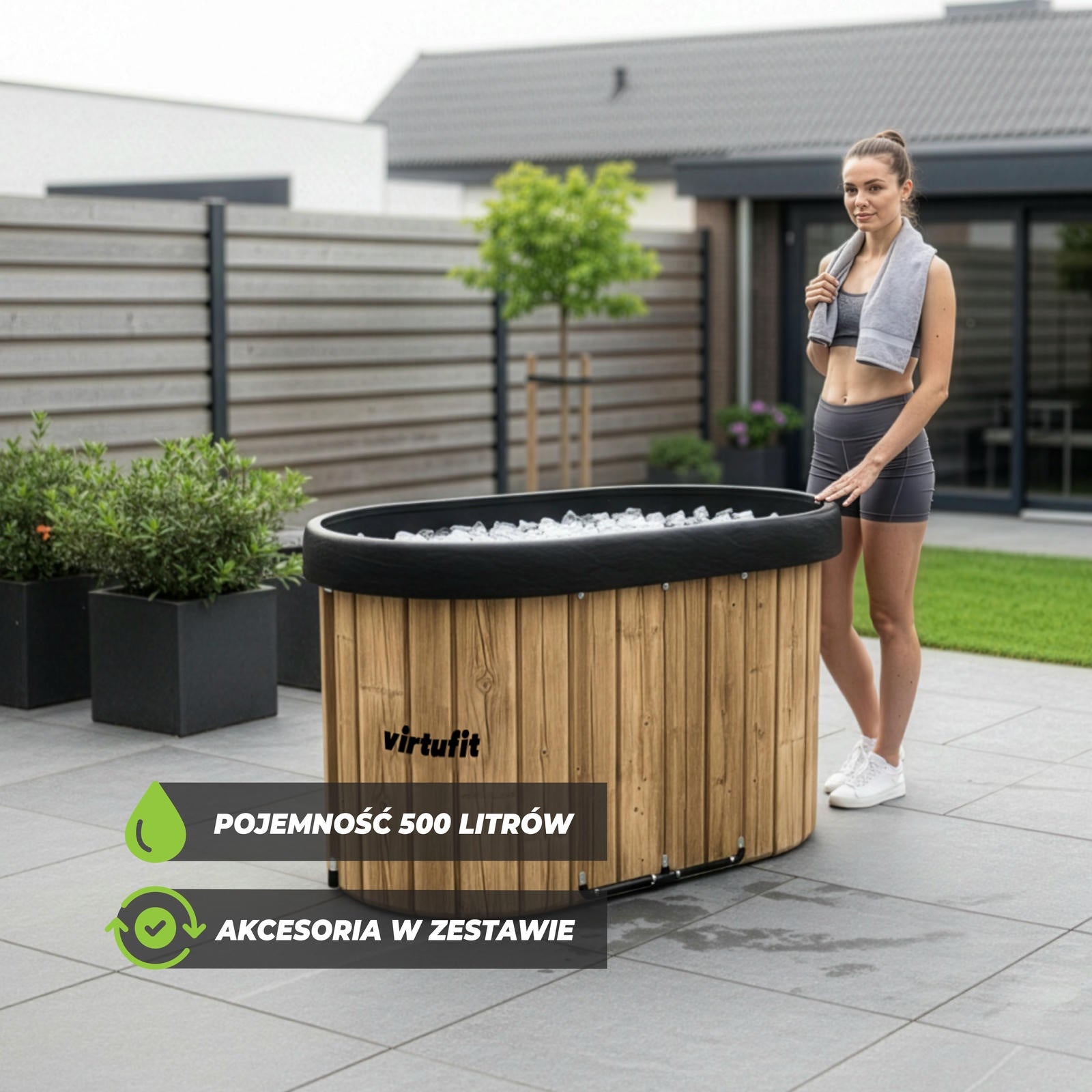 VIRTUFIT WANNA LODOWA OWALNA 500 LITRÓW IMITACJA DREWNA Z AKCESORIAMI