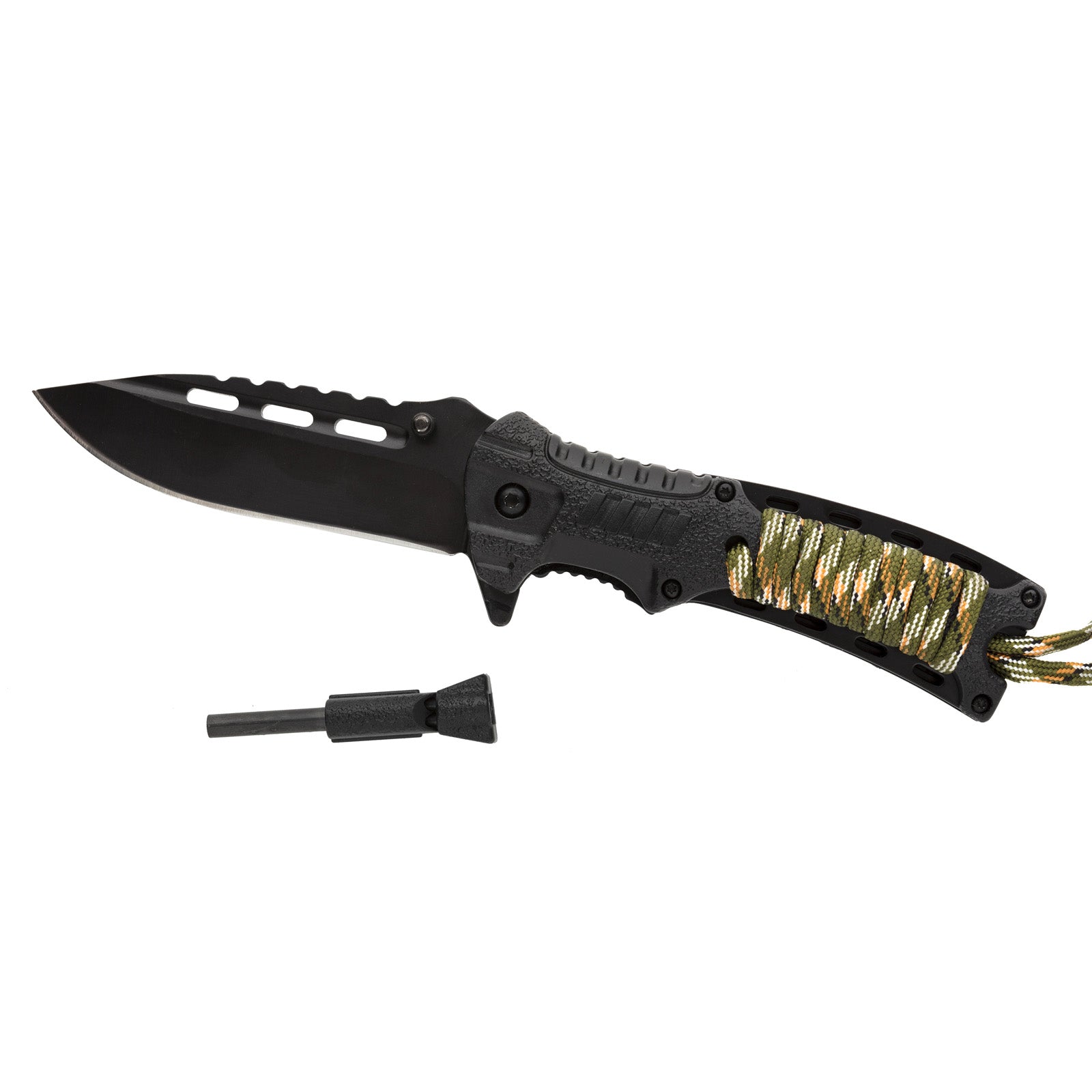 MACGYVER SURVIVAL FOLDING KNIFE WITH WHISTLE, FIRE STARTER AND ROPE 102276