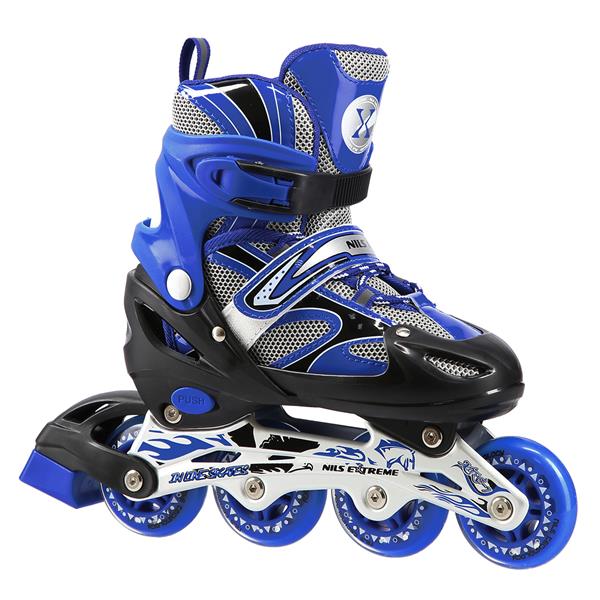 NH18366 A 2v1 MODRÉ NŮŽE NA INLINE BRUSLÍ, VELIKOST S (31-34), PLNÁ. HOKEJ NILS EXTREME